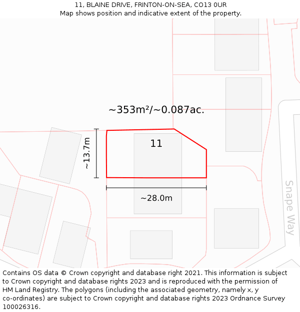 11, BLAINE DRIVE, FRINTON-ON-SEA, CO13 0UR: Plot and title map