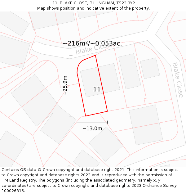 11, BLAKE CLOSE, BILLINGHAM, TS23 3YP: Plot and title map