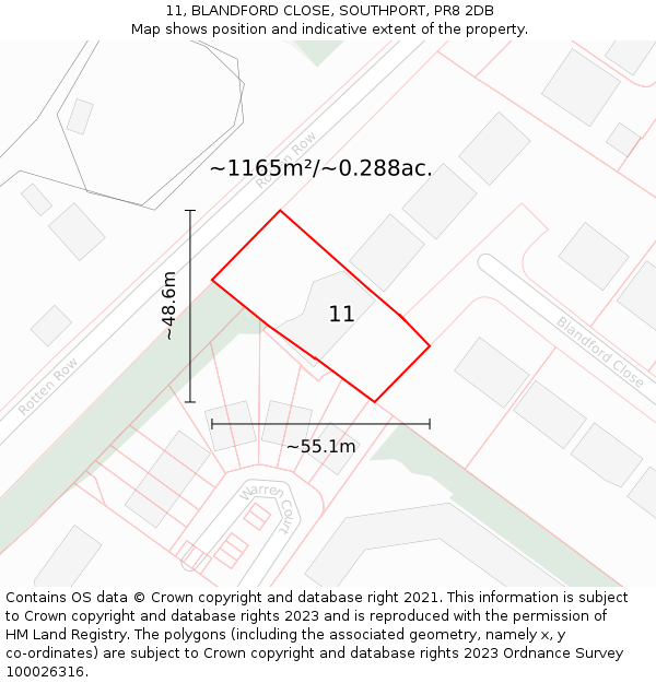 11, BLANDFORD CLOSE, SOUTHPORT, PR8 2DB: Plot and title map