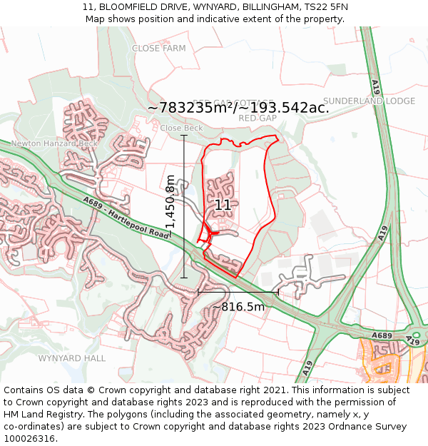 11, BLOOMFIELD DRIVE, WYNYARD, BILLINGHAM, TS22 5FN: Plot and title map