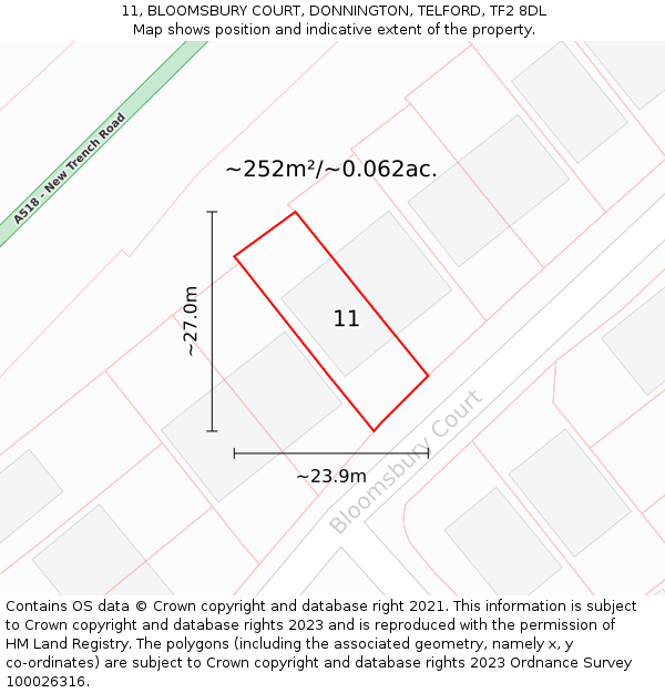 11, BLOOMSBURY COURT, DONNINGTON, TELFORD, TF2 8DL: Plot and title map