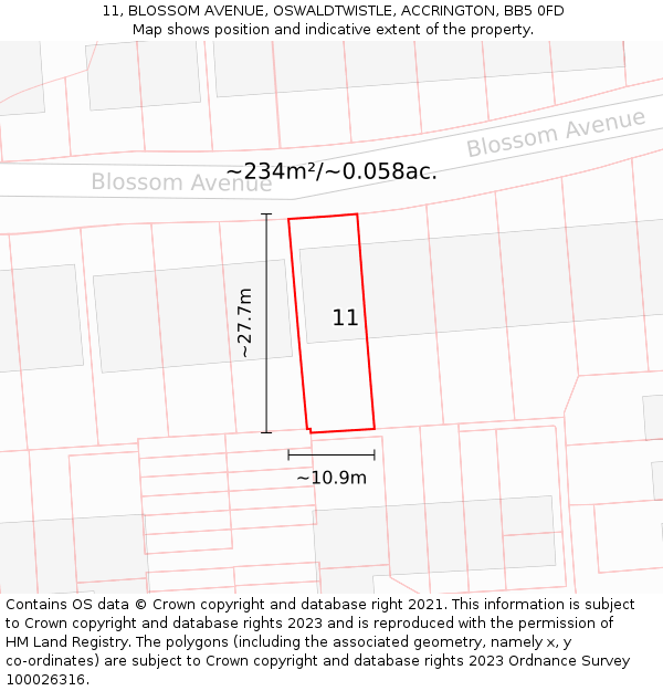 11, BLOSSOM AVENUE, OSWALDTWISTLE, ACCRINGTON, BB5 0FD: Plot and title map