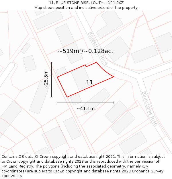 11, BLUE STONE RISE, LOUTH, LN11 9XZ: Plot and title map