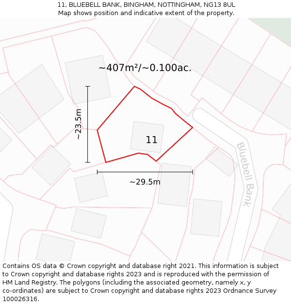 11, BLUEBELL BANK, BINGHAM, NOTTINGHAM, NG13 8UL: Plot and title map