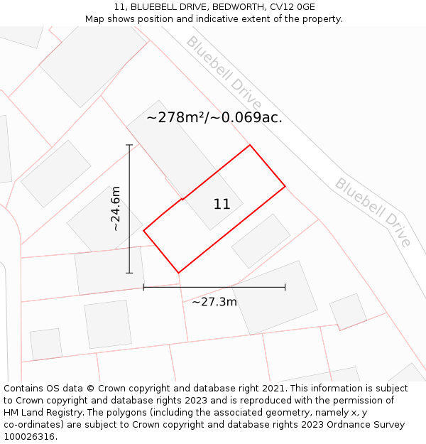 11, BLUEBELL DRIVE, BEDWORTH, CV12 0GE: Plot and title map