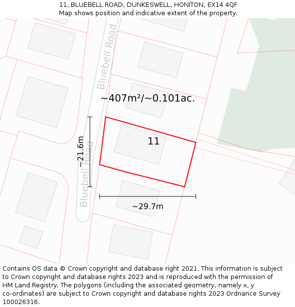 11, BLUEBELL ROAD, DUNKESWELL, HONITON, EX14 4QF: Plot and title map