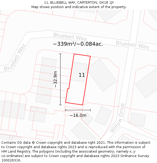 11, BLUEBELL WAY, CARTERTON, OX18 1JY: Plot and title map