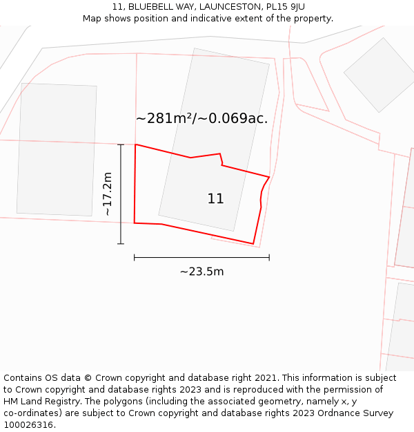 11, BLUEBELL WAY, LAUNCESTON, PL15 9JU: Plot and title map