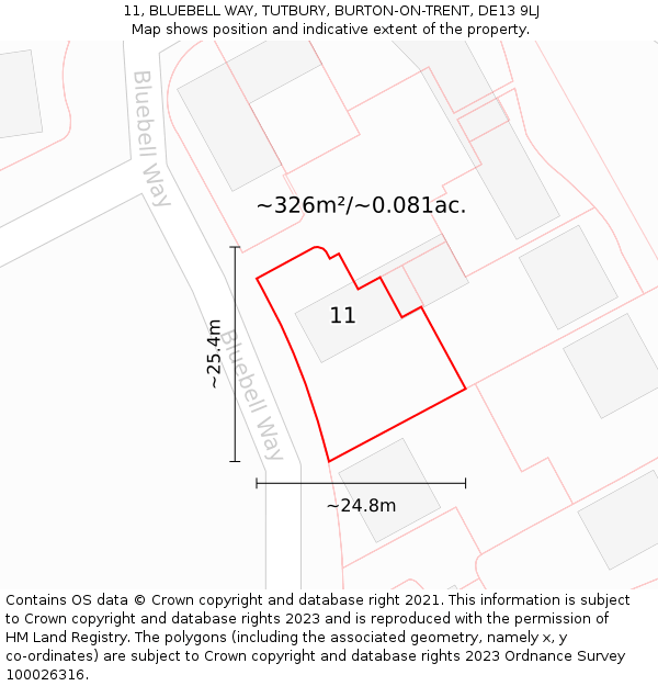 11, BLUEBELL WAY, TUTBURY, BURTON-ON-TRENT, DE13 9LJ: Plot and title map