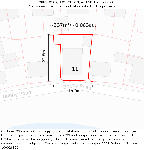 11, BOBBY ROAD, BROUGHTON, AYLESBURY, HP22 7AJ: Plot and title map