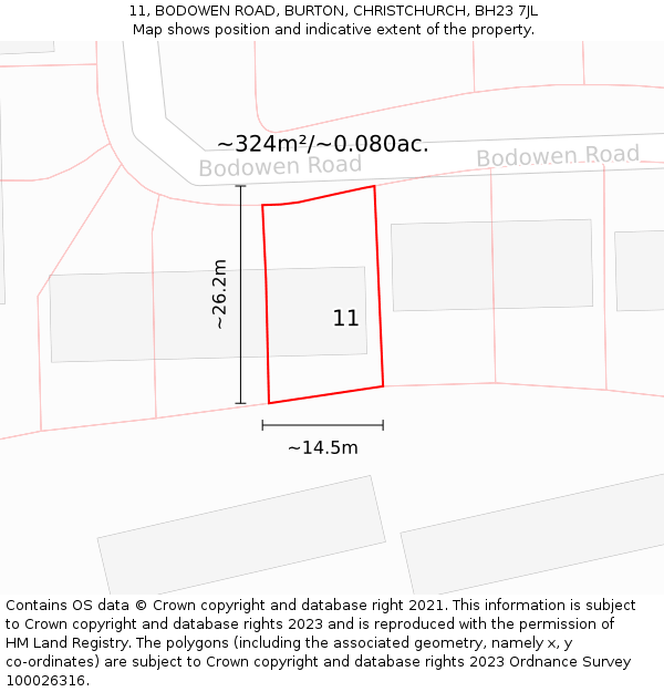 11, BODOWEN ROAD, BURTON, CHRISTCHURCH, BH23 7JL: Plot and title map