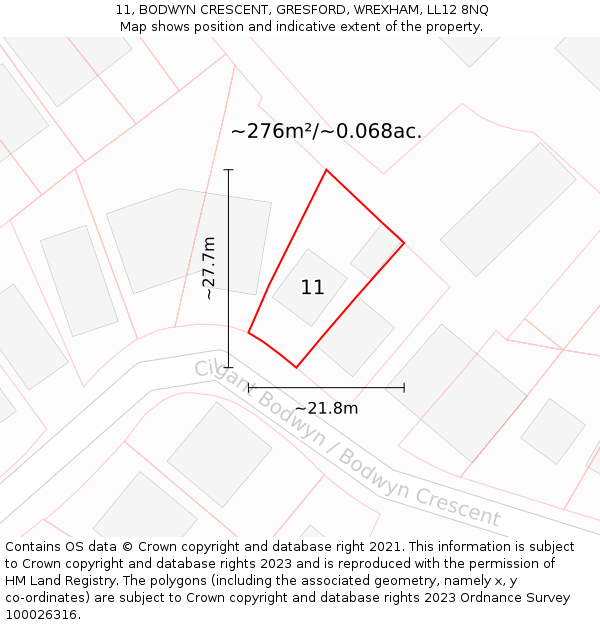 11, BODWYN CRESCENT, GRESFORD, WREXHAM, LL12 8NQ: Plot and title map