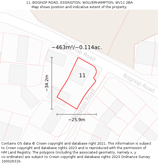 11, BOGNOP ROAD, ESSINGTON, WOLVERHAMPTON, WV11 2BA: Plot and title map