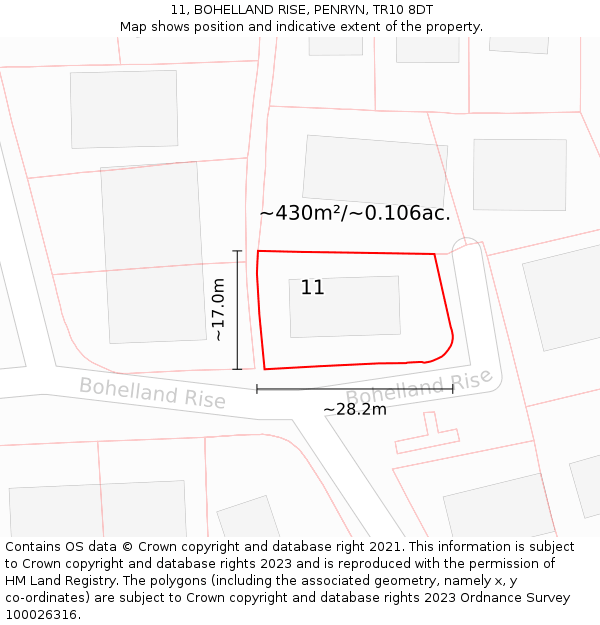 11, BOHELLAND RISE, PENRYN, TR10 8DT: Plot and title map