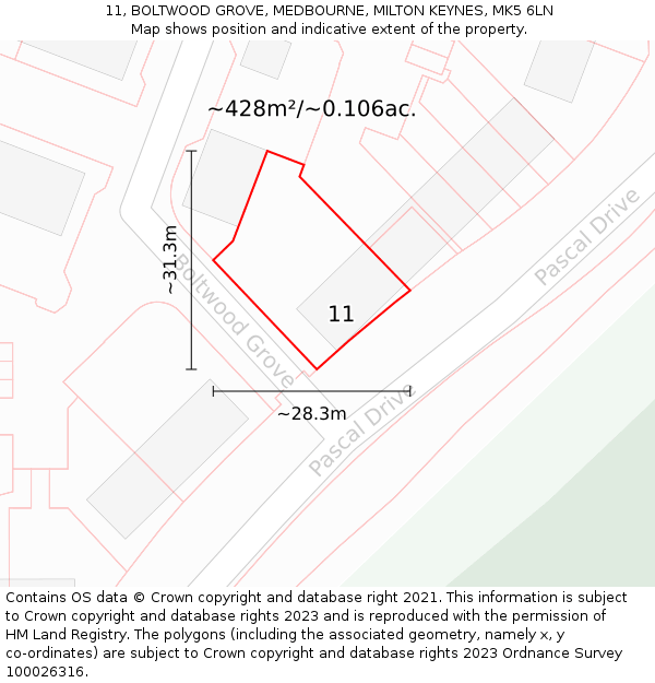 11, BOLTWOOD GROVE, MEDBOURNE, MILTON KEYNES, MK5 6LN: Plot and title map