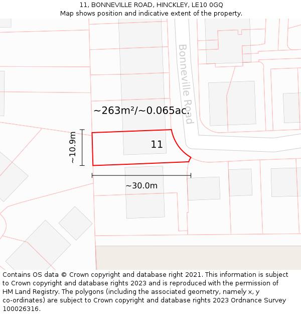 11, BONNEVILLE ROAD, HINCKLEY, LE10 0GQ: Plot and title map