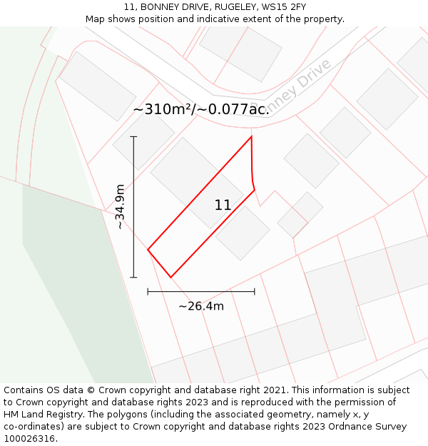 11, BONNEY DRIVE, RUGELEY, WS15 2FY: Plot and title map