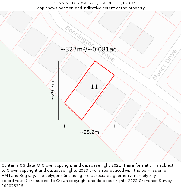 11, BONNINGTON AVENUE, LIVERPOOL, L23 7YJ: Plot and title map