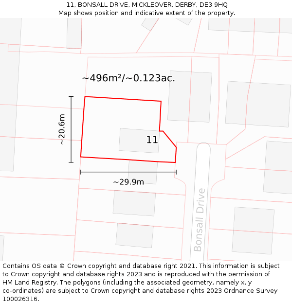 11, BONSALL DRIVE, MICKLEOVER, DERBY, DE3 9HQ: Plot and title map