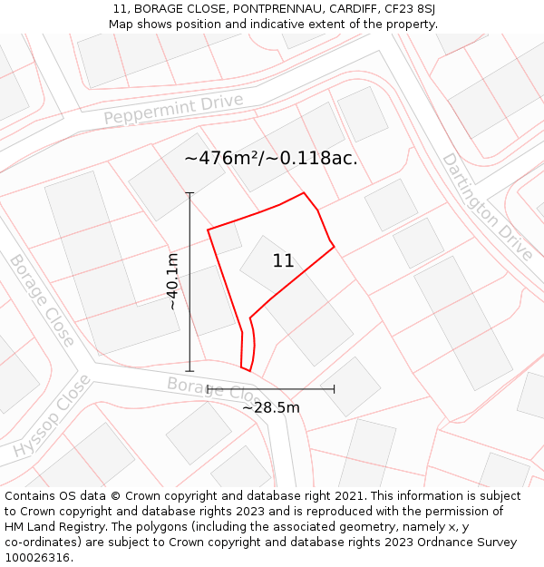 11, BORAGE CLOSE, PONTPRENNAU, CARDIFF, CF23 8SJ: Plot and title map