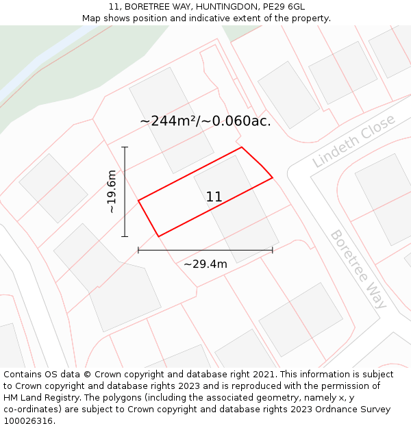 11, BORETREE WAY, HUNTINGDON, PE29 6GL: Plot and title map