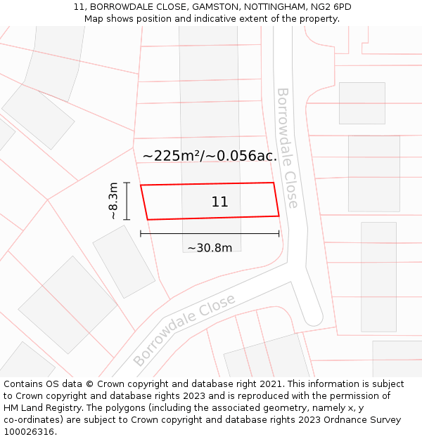 11, BORROWDALE CLOSE, GAMSTON, NOTTINGHAM, NG2 6PD: Plot and title map