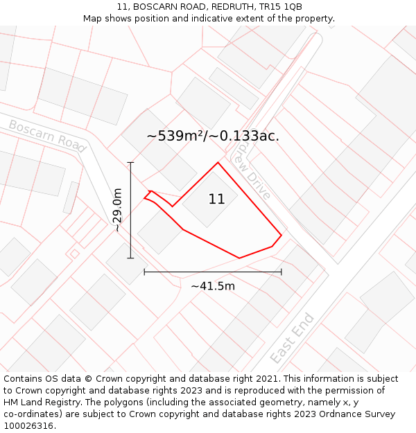 11, BOSCARN ROAD, REDRUTH, TR15 1QB: Plot and title map