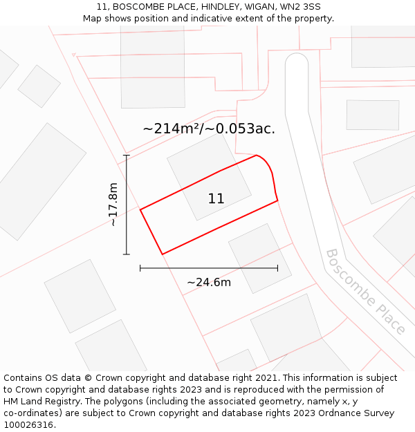 11, BOSCOMBE PLACE, HINDLEY, WIGAN, WN2 3SS: Plot and title map
