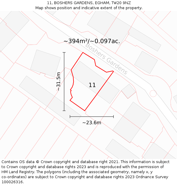 11, BOSHERS GARDENS, EGHAM, TW20 9NZ: Plot and title map