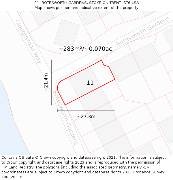 11, BOTESWORTH GARDENS, STOKE-ON-TRENT, ST6 4SA: Plot and title map