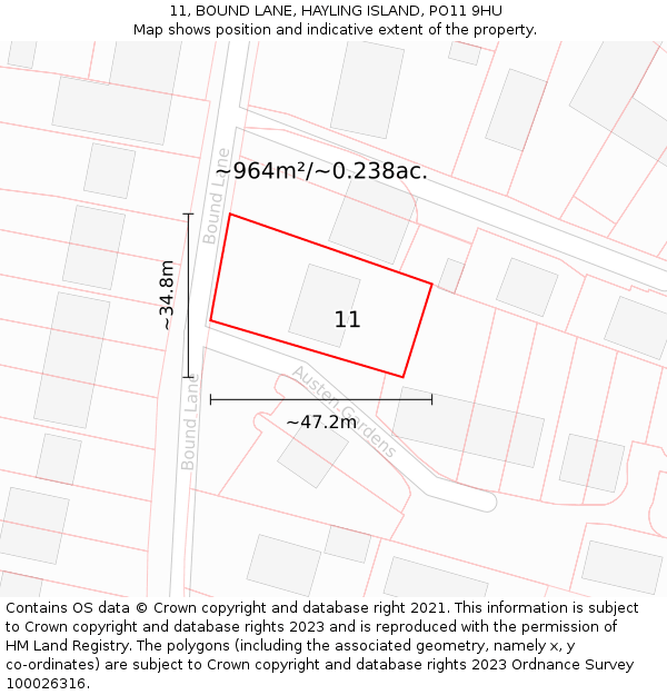 11, BOUND LANE, HAYLING ISLAND, PO11 9HU: Plot and title map