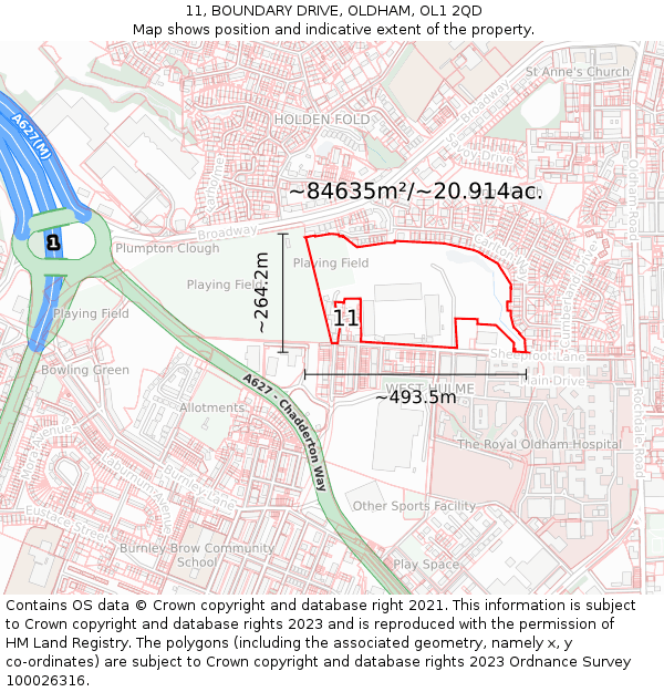 11, BOUNDARY DRIVE, OLDHAM, OL1 2QD: Plot and title map