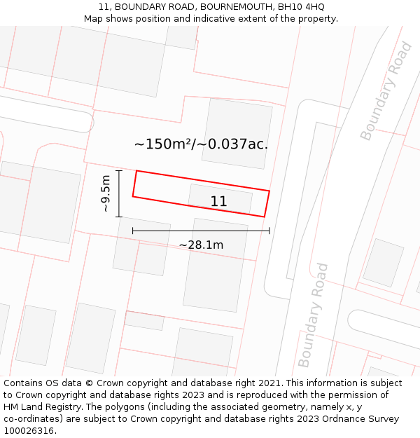 11, BOUNDARY ROAD, BOURNEMOUTH, BH10 4HQ: Plot and title map