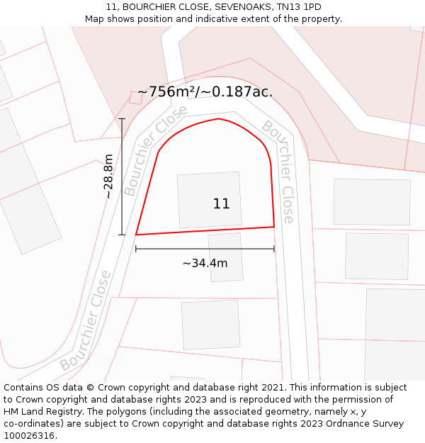 11, BOURCHIER CLOSE, SEVENOAKS, TN13 1PD: Plot and title map