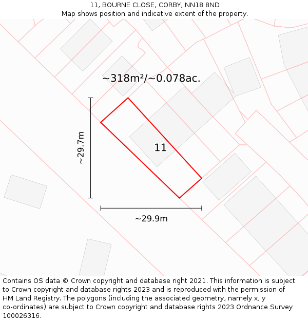 11, BOURNE CLOSE, CORBY, NN18 8ND: Plot and title map