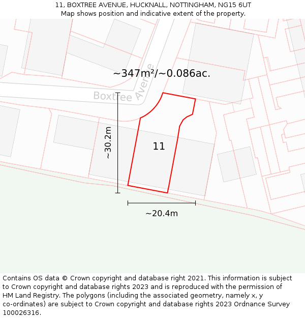 11, BOXTREE AVENUE, HUCKNALL, NOTTINGHAM, NG15 6UT: Plot and title map