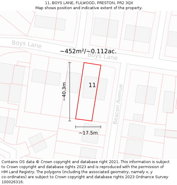 11, BOYS LANE, FULWOOD, PRESTON, PR2 3QX: Plot and title map