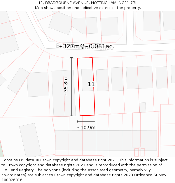 11, BRADBOURNE AVENUE, NOTTINGHAM, NG11 7BL: Plot and title map