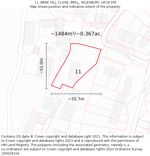 11, BRAE HILL CLOSE, BRILL, AYLESBURY, HP18 9TE: Plot and title map