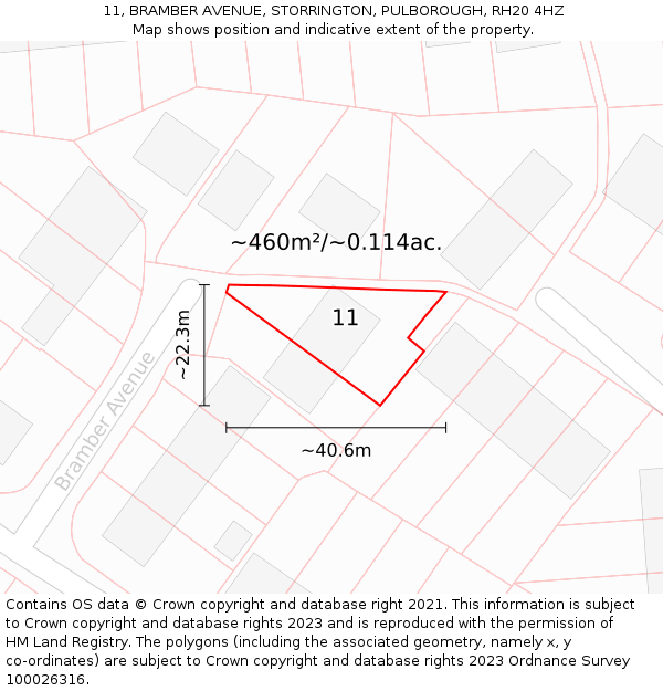 11, BRAMBER AVENUE, STORRINGTON, PULBOROUGH, RH20 4HZ: Plot and title map