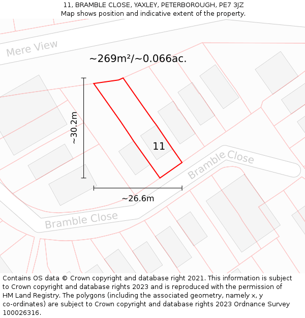 11, BRAMBLE CLOSE, YAXLEY, PETERBOROUGH, PE7 3JZ: Plot and title map