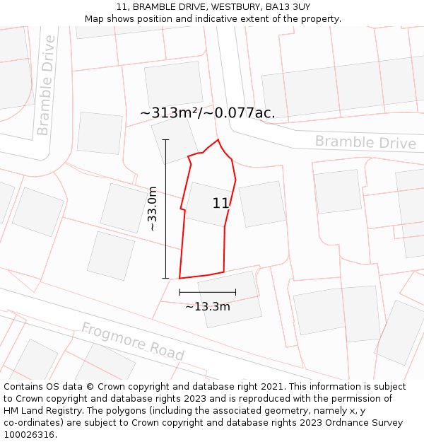 11, BRAMBLE DRIVE, WESTBURY, BA13 3UY: Plot and title map