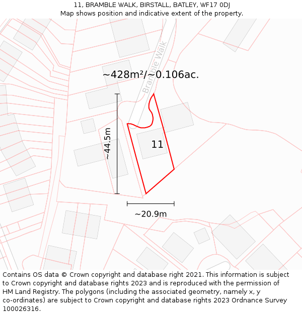 11, BRAMBLE WALK, BIRSTALL, BATLEY, WF17 0DJ: Plot and title map