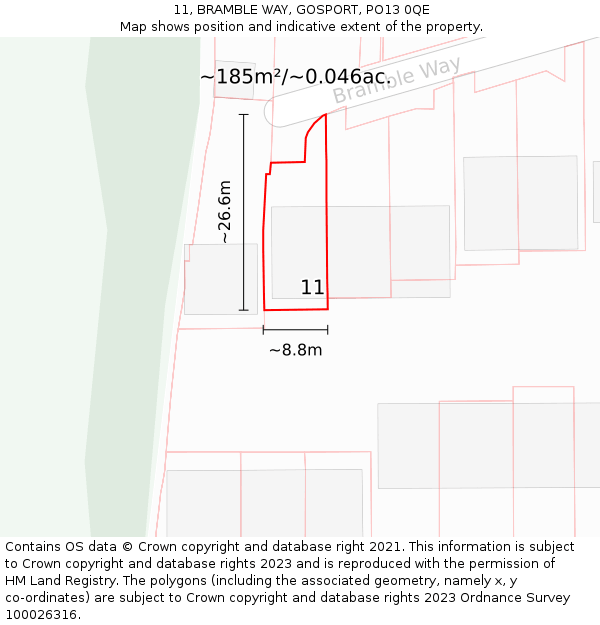 11, BRAMBLE WAY, GOSPORT, PO13 0QE: Plot and title map