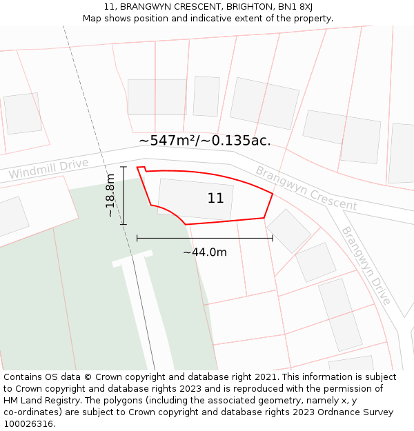 11, BRANGWYN CRESCENT, BRIGHTON, BN1 8XJ: Plot and title map