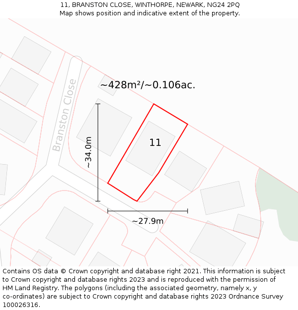 11, BRANSTON CLOSE, WINTHORPE, NEWARK, NG24 2PQ: Plot and title map