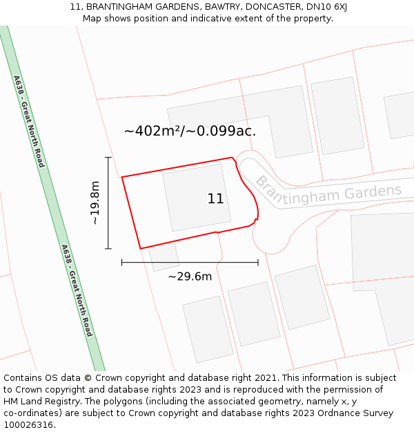 11, BRANTINGHAM GARDENS, BAWTRY, DONCASTER, DN10 6XJ: Plot and title map