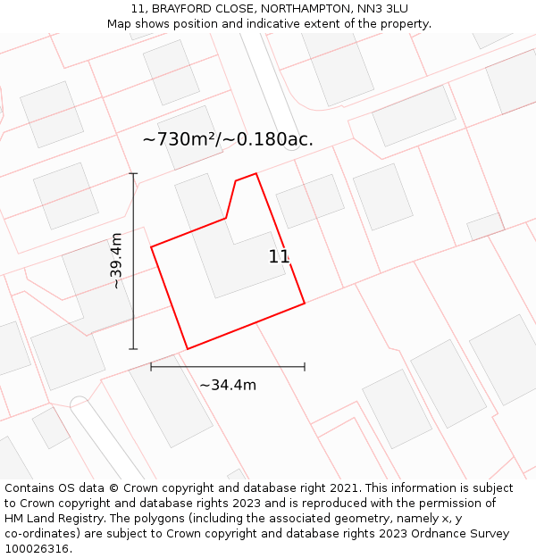 11, BRAYFORD CLOSE, NORTHAMPTON, NN3 3LU: Plot and title map