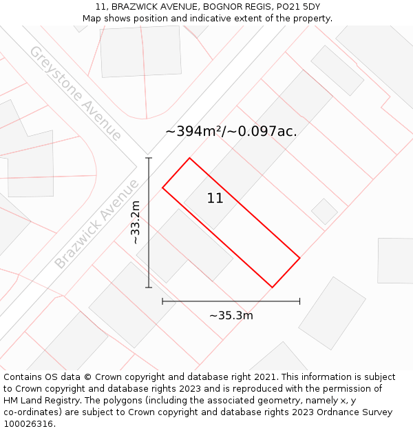 11, BRAZWICK AVENUE, BOGNOR REGIS, PO21 5DY: Plot and title map