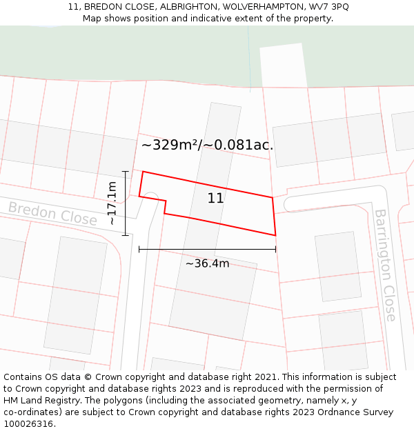 11, BREDON CLOSE, ALBRIGHTON, WOLVERHAMPTON, WV7 3PQ: Plot and title map